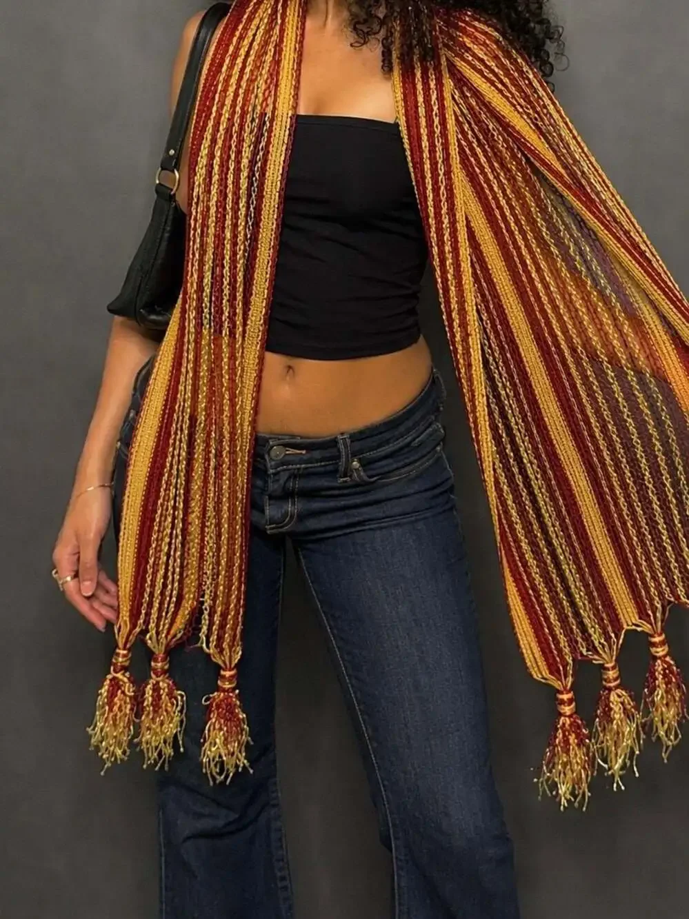 Burgundy and Gold Metallic Stripe Fringe Scarf